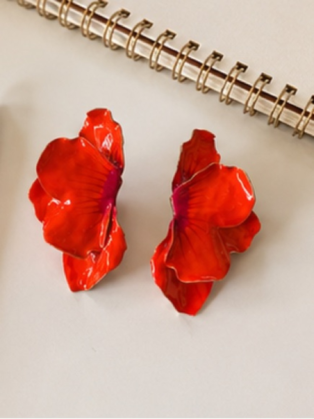 Red Orange Floral Statement Earrings | Enamel Flower Petal Gold Tone - Picture 2 of 4